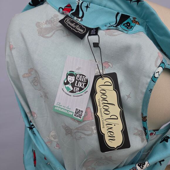 VooDoo Vixen Kitchen Kitten Betty Dress Size L 8 New Blue Fit Flare Cats Retro - Picture 10 of 10